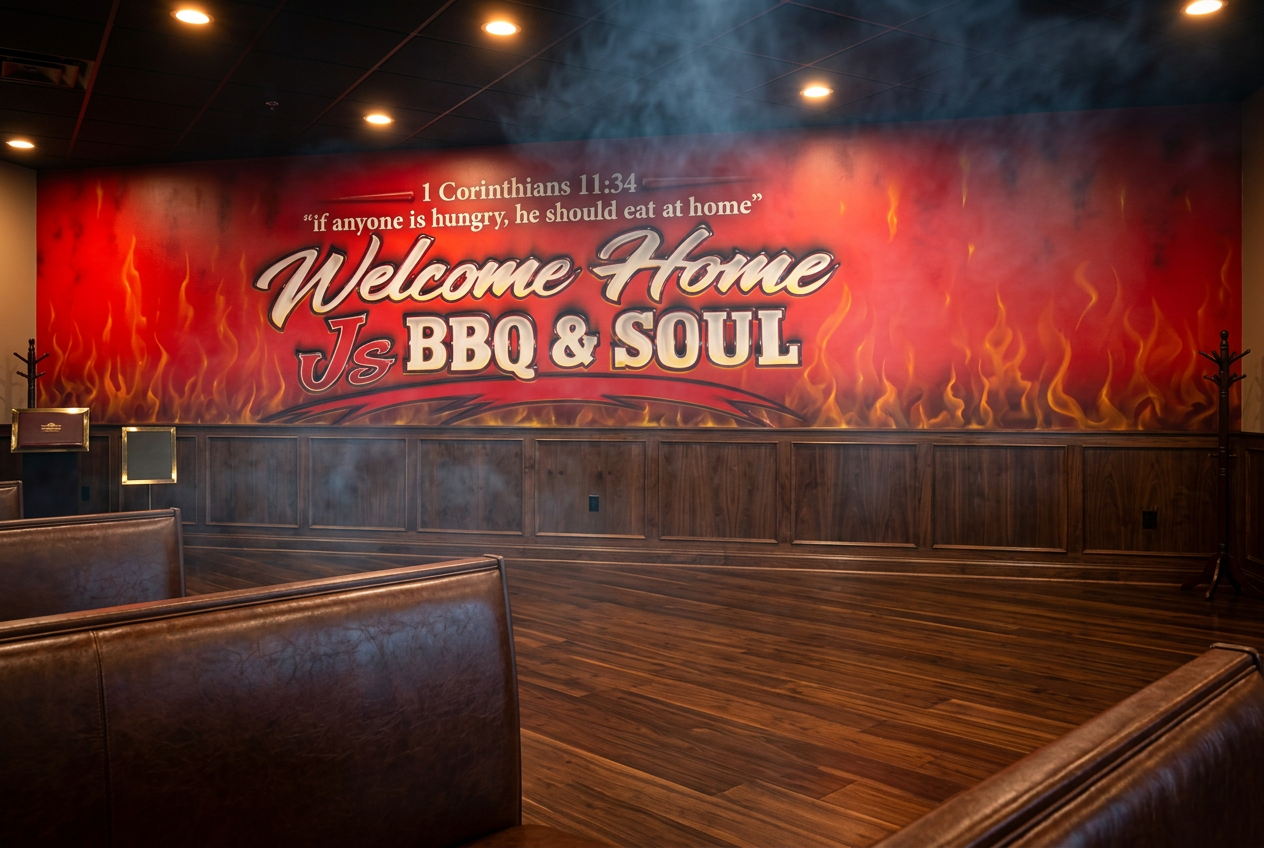 The J's BBQ & Soul dining room with the Welcome Home flame mural